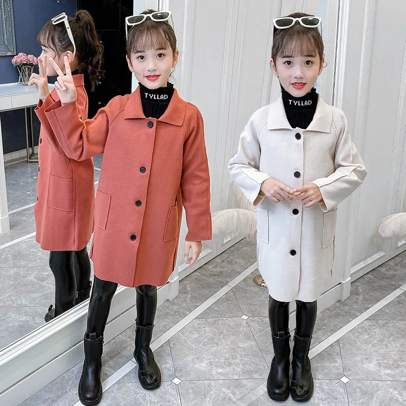 Girls Woolen Overcoat Kids Coat Long Outfits Children Outwear Clothes Wear Autumn Winter Childrens Clothing Wool Fashion B9153