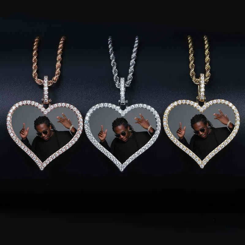 TopGrilz Custom Made Photo Heart Medallions Naszyjnik Wisiorek Z 4mm Łańcuch tenisowy AAA Cubic Cubic Cyrkon Biżuteria Hip Hip Hip