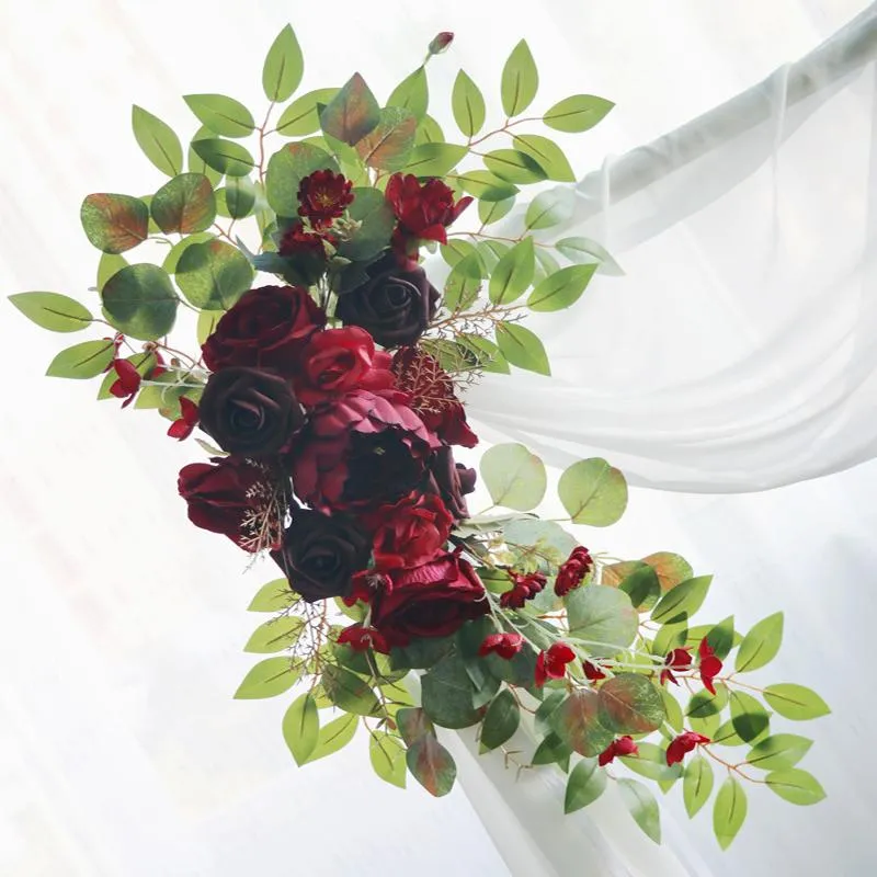 Flores decorativas grinaldas 2 pcs vinho vermelho artificial casamento backdrop decor cartão bem-vindo sinal canto floral adereços organizar arco flor linha