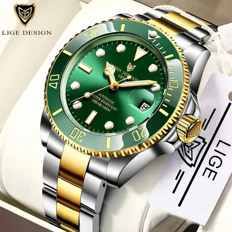 Lige 브랜드 럭셔리 남성 자동 녹색 시계 남자 스테인레스 스틸 방수 비즈니스 스포츠 기계적 손목 시계 210527