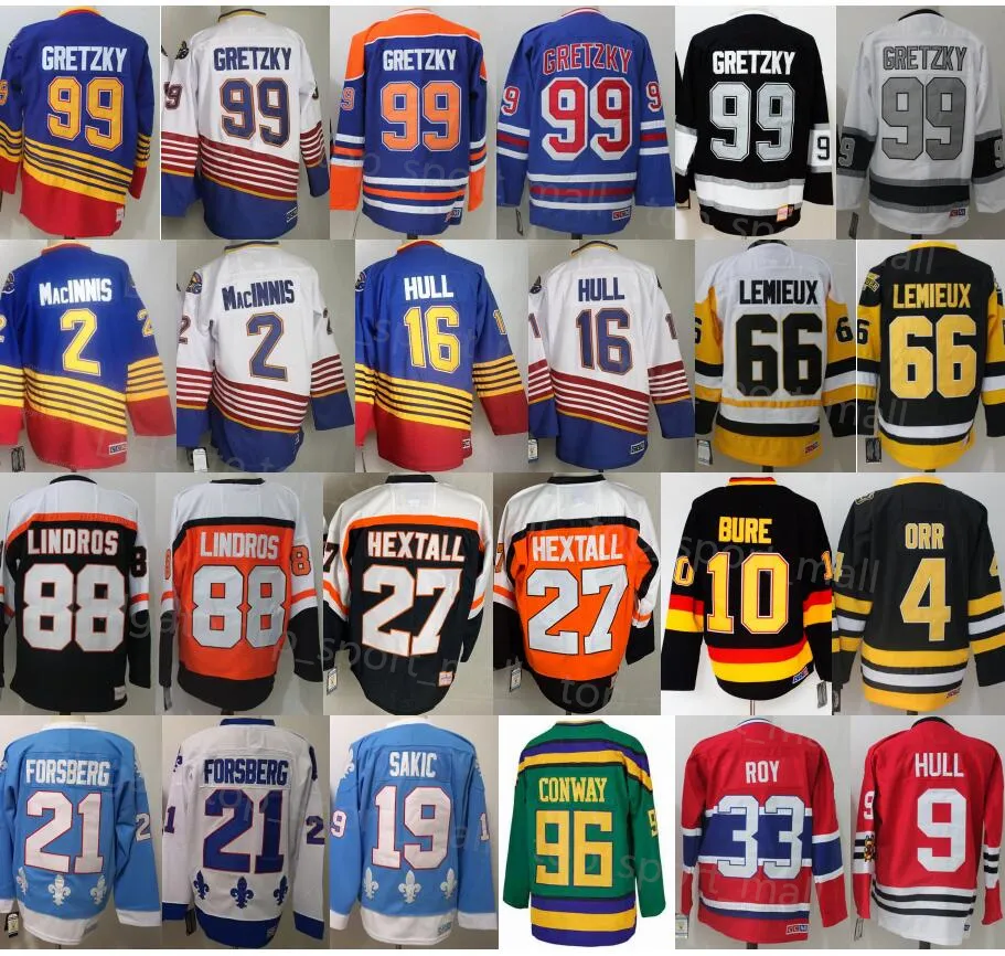 Vintage CCM Hockey Tröjor Pavel Bure Al Macinnis Brett Hull Orr Wayne Gretzky Bobby Clarke Eric Lindros Patrick Roy Howe Sakic Peter Forsberg Charlie Conway Lemieux