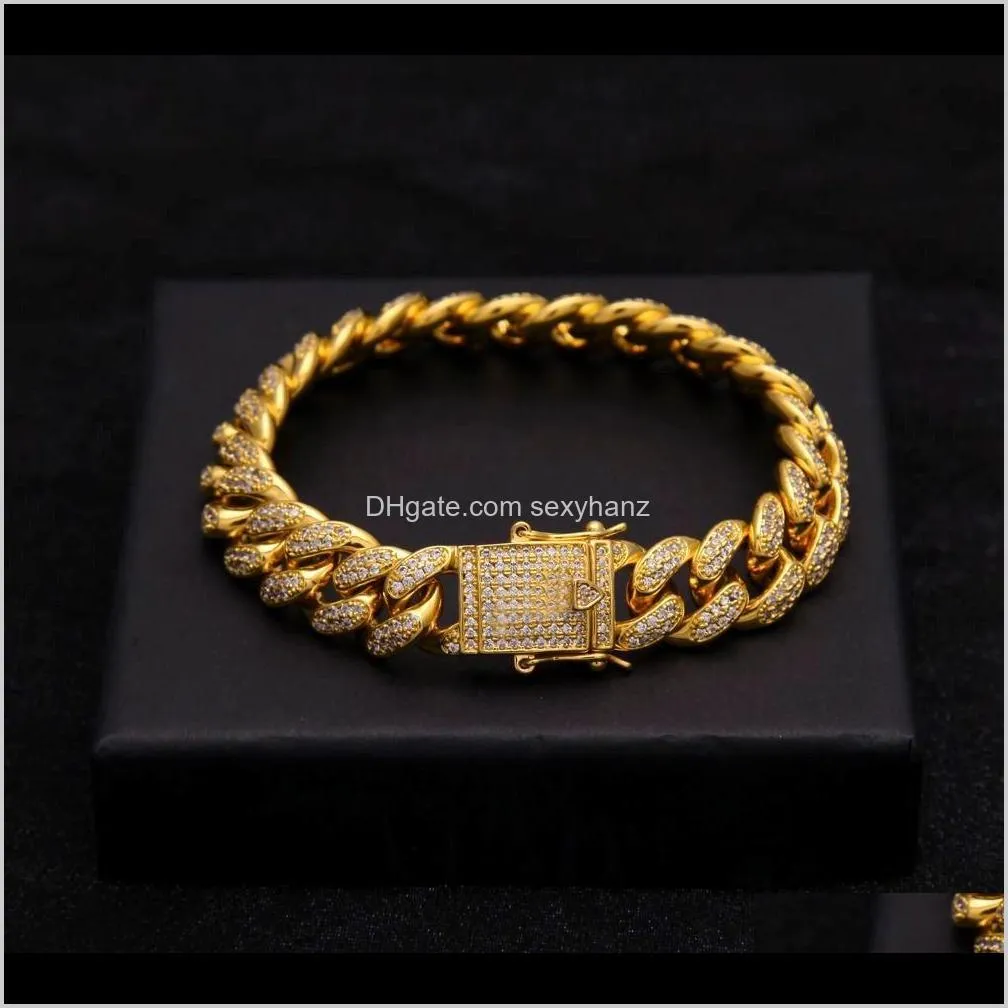 Tennis Hommes Femme Bijoux Hip Hop Luxe Cristal Cz Zircon Triple Serrure 14Mm 7 Pouces 8 Pouces Cubain Lien Boîte Fermoir Bracelet Hoefo W10Yj