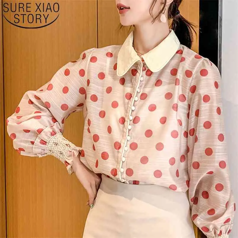 Fashion Women Blouse Long Sleeve Causal Chiffon Tops Elegant Polka Dot Pink Clothing 5325 50 210506