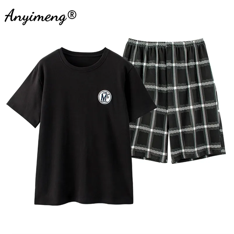 Plus Size Male Pajama Set Summer Shorts Pullover Black Badge Fashion Sleepwear Plaid Bottoms Man's Two Pieces Men Nightwear 210901