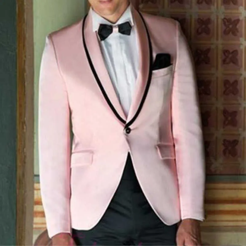 Różowy Prom Mężczyźni Garnitury na ślub 2 Sztuka Niestandardowy Groom Tuxedo Z Szal Lapel Casual Mężczyzna Moda Ubrania Blazer Z Czarnymi Spodnie X0909