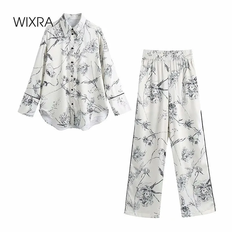 Wixra Women Blouse Passar Loose Wear Suit Spring Print Slå ner Toppar + Elastiska Midja Wide Leg Pants 2 Piece Sets X0428