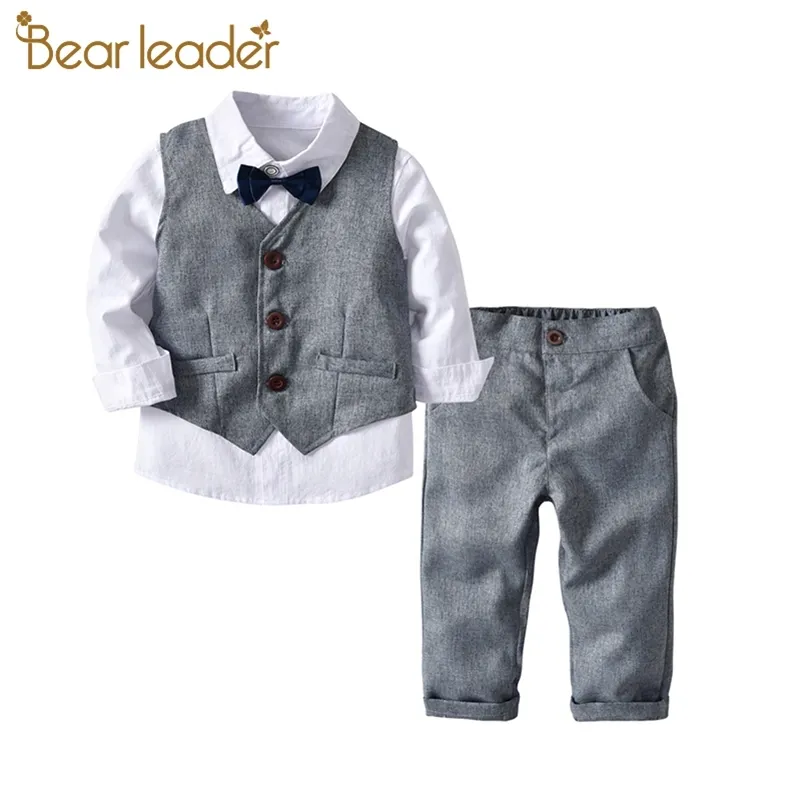 Bear Leader Spring Autumn Baby Boy Gentleman Suit White Shirt with Bow Tie Vest Trousers Pants 3Pcs Formal Kids Clothes Set 210708