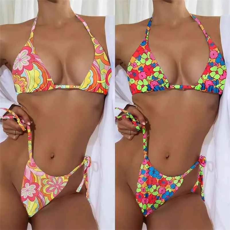 Sexy Push Up Bikinis Set Print Women's Swimwear Broken Flower Swimsuit Side Tie Bathing Suit BeachWear Biquini 210621