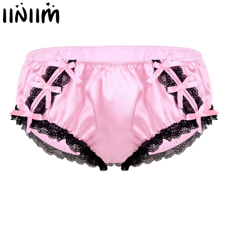 Mens Sissy Panties Glänsande Ruffled Lace Satin Låg Rise Sträckt Gay Male Bikini Jockstraps Bricks Underkläder Underkläder Underbyxor 210730