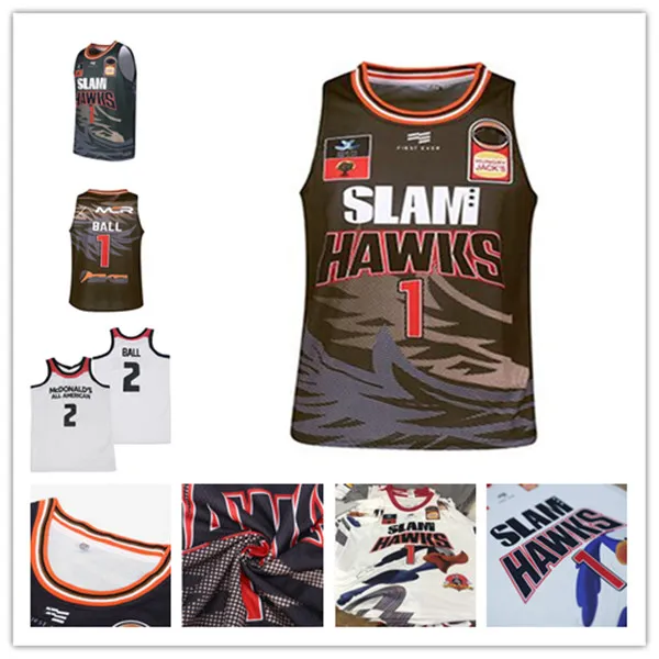 Homens Slam Hawk Liga Europeia Impresso Lamelo # 1 Bola Basquete Jerseys Branco Roxo Bola Azul Cha City Basketball Camisas