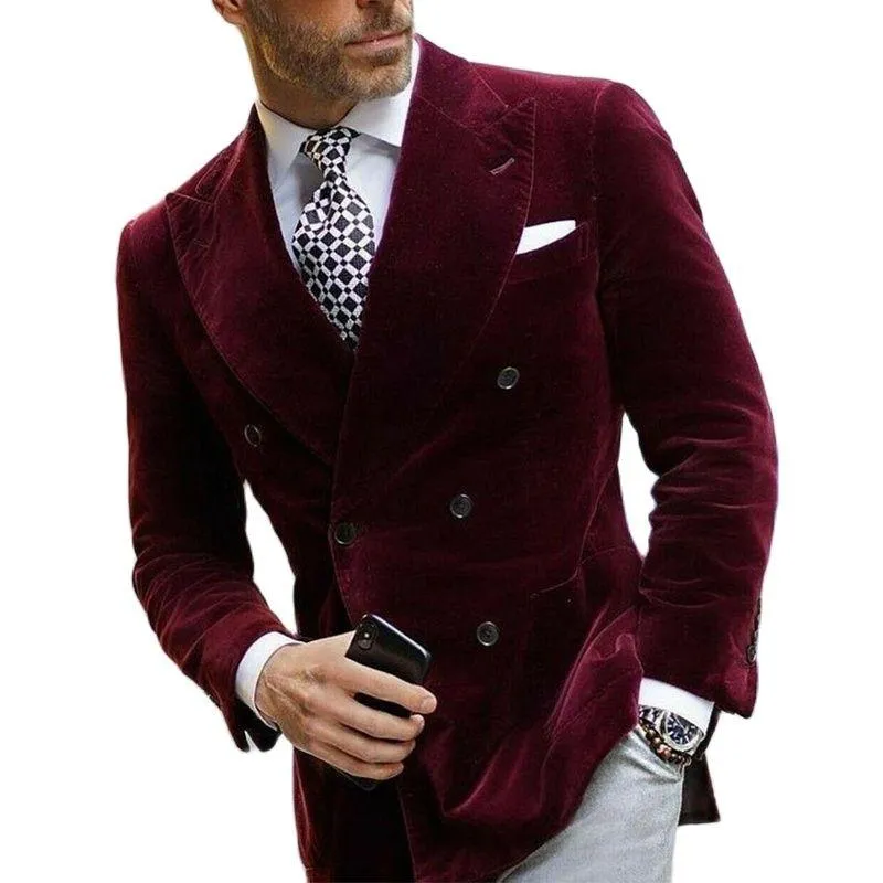 Mens Borgogna Double Breasted Velvet Blazer Giacca da pranzo Giacca Elegante Cappotto Fumatori Suit 2021 Arrivo Abiti da uomo Blazer