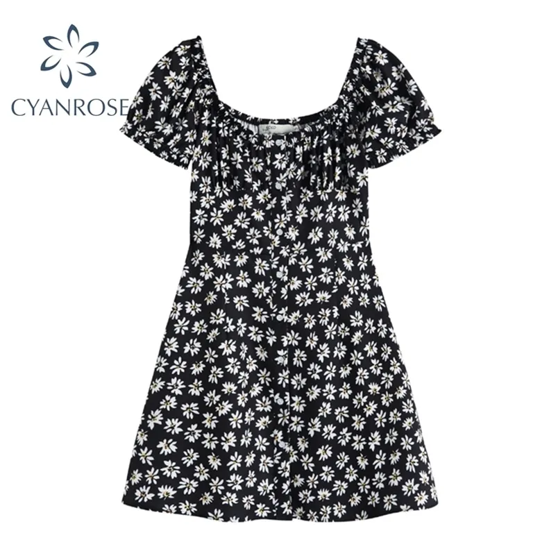 Women's Beach Summer Crop Dress Floral Print Square Collar French Mori Girl Mini Vestidos Mujer Short Sleeve A-Line Dresses 210515