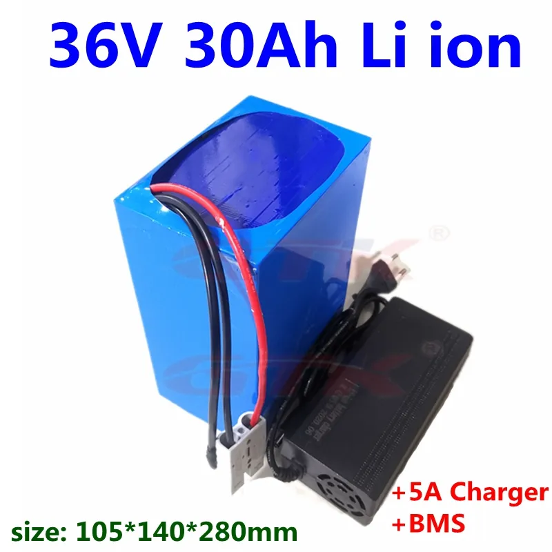 GTK 36V 30Ah lithium li ion battery 3.7v battery pack BMS 10S for ebike scooter Tricycle go cart marine trolling+5ACharger