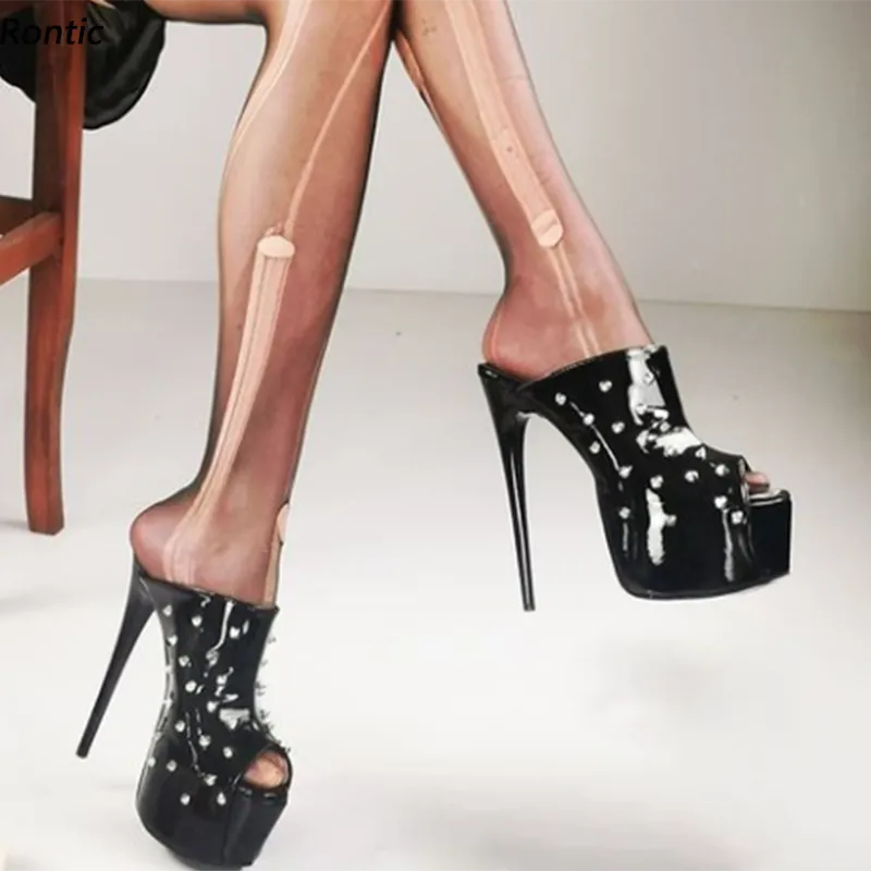 Rontic 2021 Handmade Women Mules Sandals Platform Unisex Studs Stiletto Heels Peep Toe Elegant Black Party Shoes US Size 5-20
