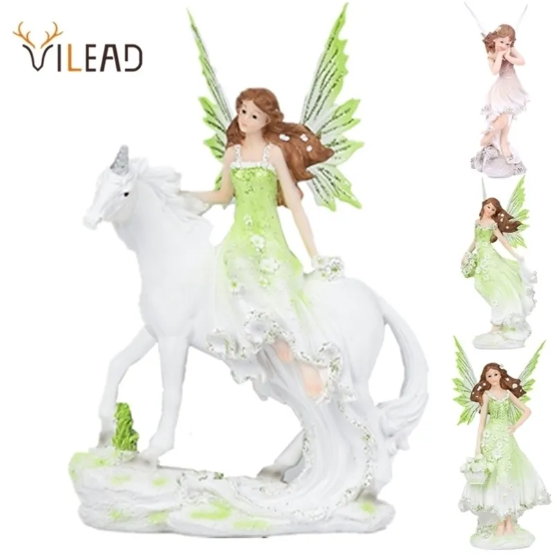 Vilead żywicy Angel Fairy Figurka jednorożec Horn Flower Garden Statua Koń Miniatury Nowoczesne zwierzę domowe Decoracion Hogar 211108