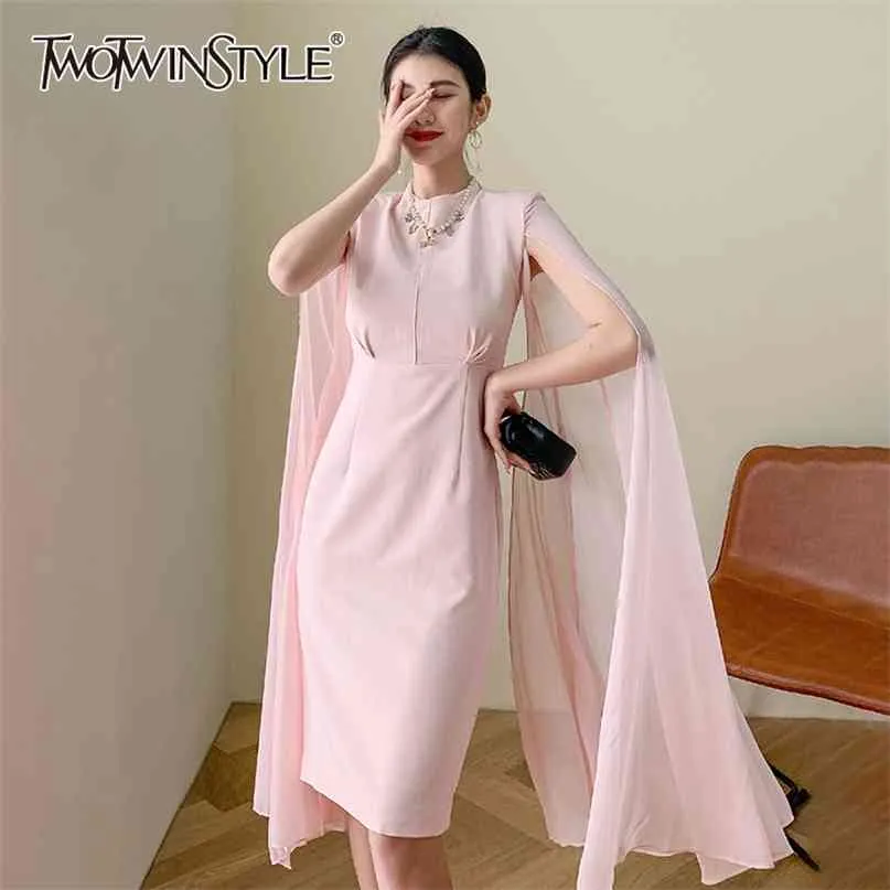 Pink Patchwork Dress For Women O Neck Long Sleeve High Waist Slim Midi Dresses Female Fashion Clothing Summer 210520