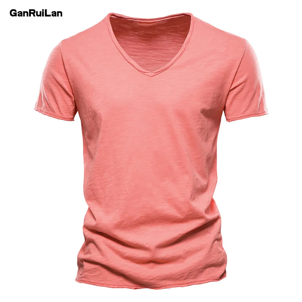 Camiseta de algodón de calidad para hombre, cuello en V, diseño de moda, camisetas sólidas ajustadas, camisetas para hombre, camisetas de manga corta para hombre B0939 210518