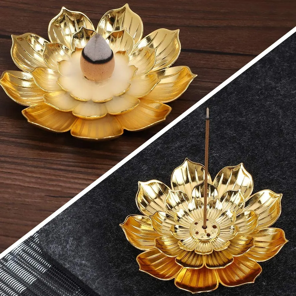 Zinc Alloy Incense Holder, Lotus Stick Incense Burner, for Stick/Coil/Cone Incense with Ash Catcher, Gold