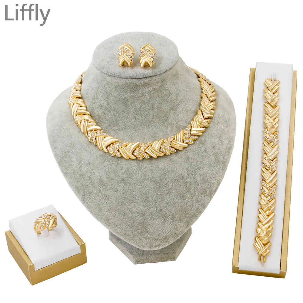 Liffly Bridal Dubai Gold Sets Crystal Necklace Bracelet Nigerian Wedding Party Women Fashion Jewelry Set