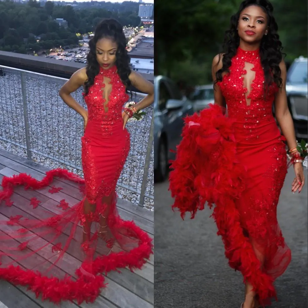 Robes de bal sirène rouge 2021 plumes modestes robe de soirée robes de reconstitution historique robe occasion spéciale Dubaï 2k19 Black Girl Couple Day