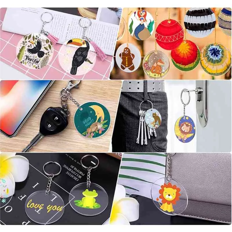 Disques circulaires en acrylique transparent, porte-clés vierges et pendentif à pampilles, projets de bricolage, artisanat, ensemble de 50 pièces
