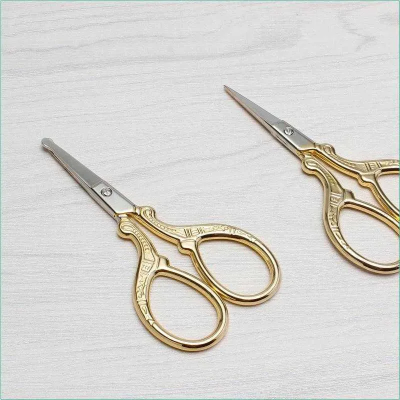 Stainless Steel Handmade Scissors Round Head Nose Hair Clipper Retro Gold Plated Household Tailor Shears For Embroidery Sewing Beauty Tools