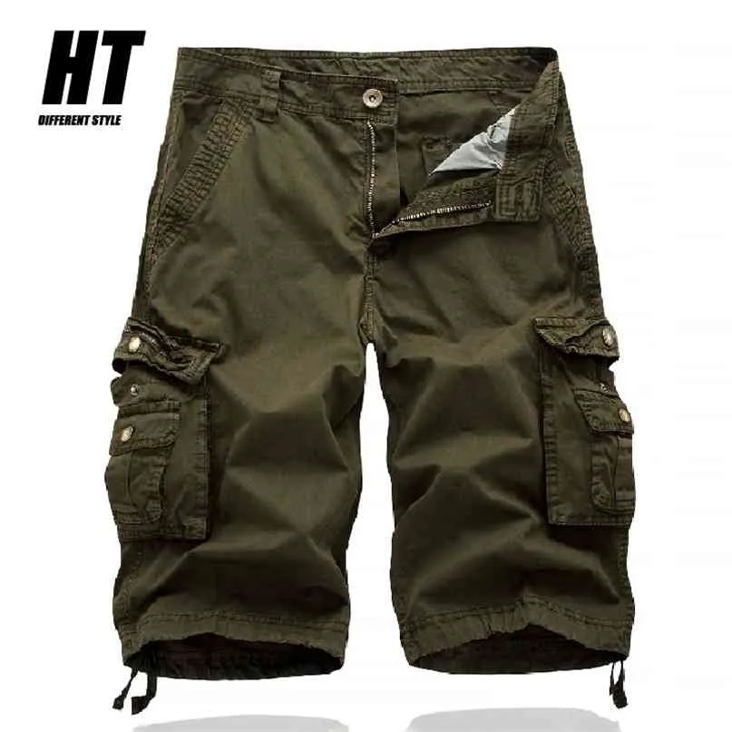 Été qualité hommes Cargo Shorts Baggy multi-poches décontracté entraînement militaire tactique coton armée vert pantalon court 210713