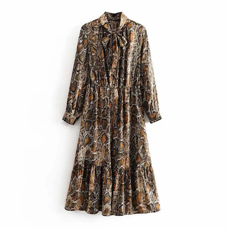 Snake Print V Neck Long Sleeve Split Fork High Waist Mid Calf Dress Women Elegant Temperament Casual Streetwear Party Dresses 210608