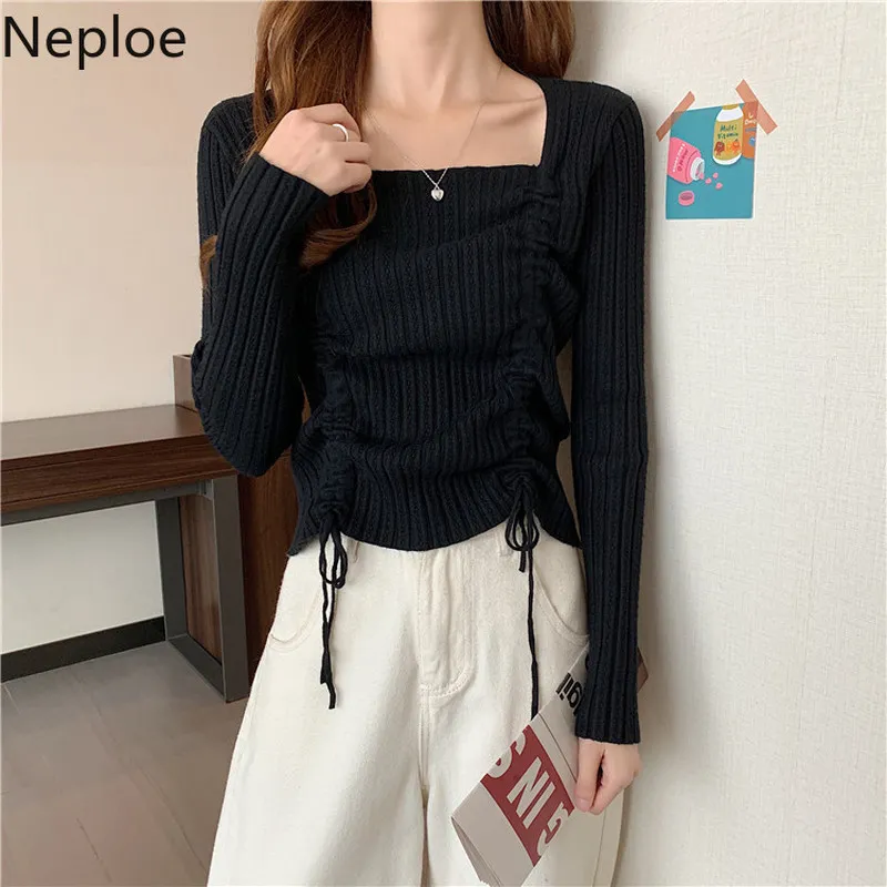 Neploe Femmes Pulls Vintage Col Carré Tricot Pulls Printemps Nouveau Cordon High Street Manches Longues Chic Crop Tops Mujer 210422