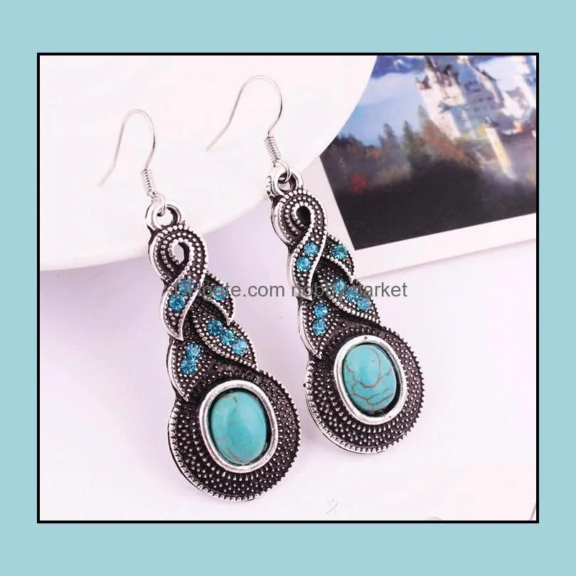 Fashion Vintage Pattern Blue Crystal Turquoise Pendant Jewelry Sets Earrings Necklace For Party Women Dresses Accessories For Sale 10