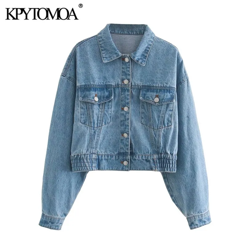 Women Fashion With Pockets Cropped Denim Jacket Coat Long Sleeve Elastic Hem Female Outerwear Chic Tops 210420