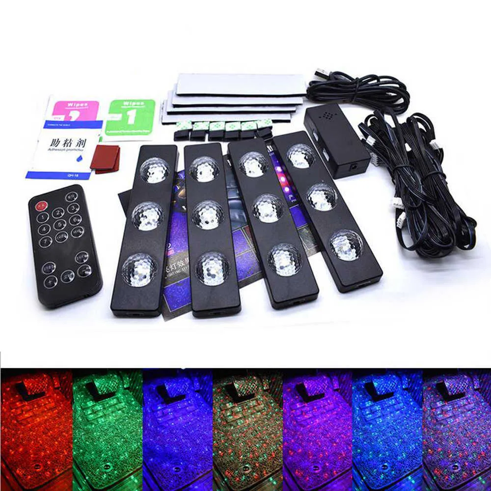 Bil LED Ambient Foot Footwell Lights RGB Star Starry Atmosfär under Dash Golvlampa Musik Voice Control Wireless Remote