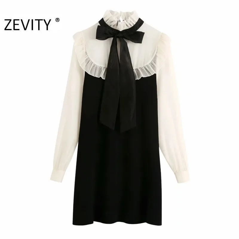 Zevity Womenエレガントな弓ティーシフォンパッチワークの編み物ラフルズシャツオフィスレディカジュアルvestidosシックミニドレスDS4528 210419