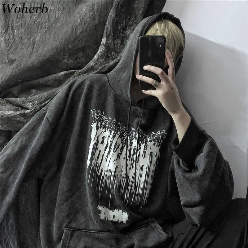 Woherb Oversized Hoodie Sweatshirt Kvinnor Män Streetwear Harajuku Vintage Tvättad Hooded Pullover Höst Loose Hoodies Moletom 210930