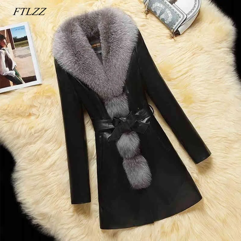 Leather Jacket Plus Size 4XL Women Faux Fur Collar Long Black Red Coat Winter Causal Thick Warm Belt Clothing 210423