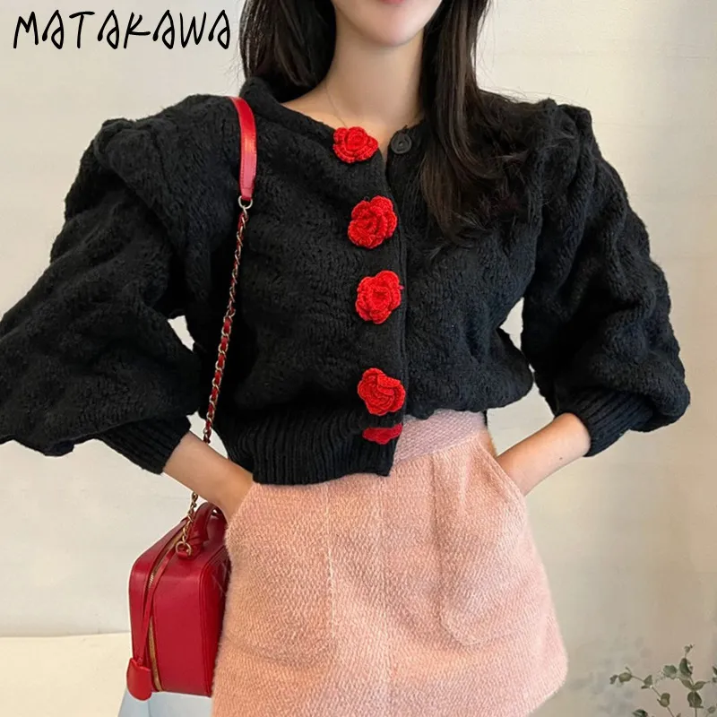 マタカワ長袖ニットカーディガン女性ラウンドネックセーター三次元の花を装飾した女性のための緩いセーター210513