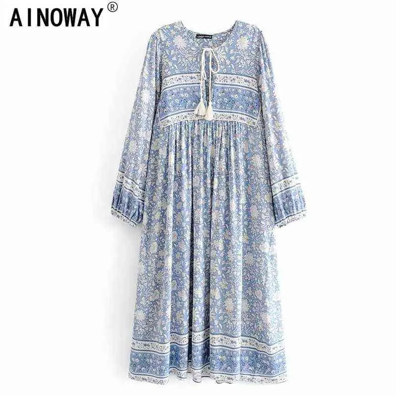 Vintage chique vrouwen stropdas hals lange mouw bloemen porselein print strand bohemian maxi jurken dames rayon katoen boho jurk robe g1214