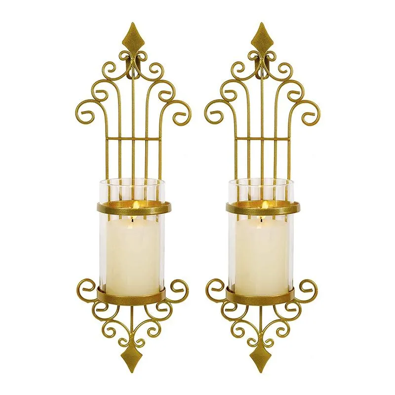 Candle Holders 2 Pcs Wall Sconce Holder, Antique-Style Golden Metal Art Decorations For Living Room, Bathroom, Dining Room