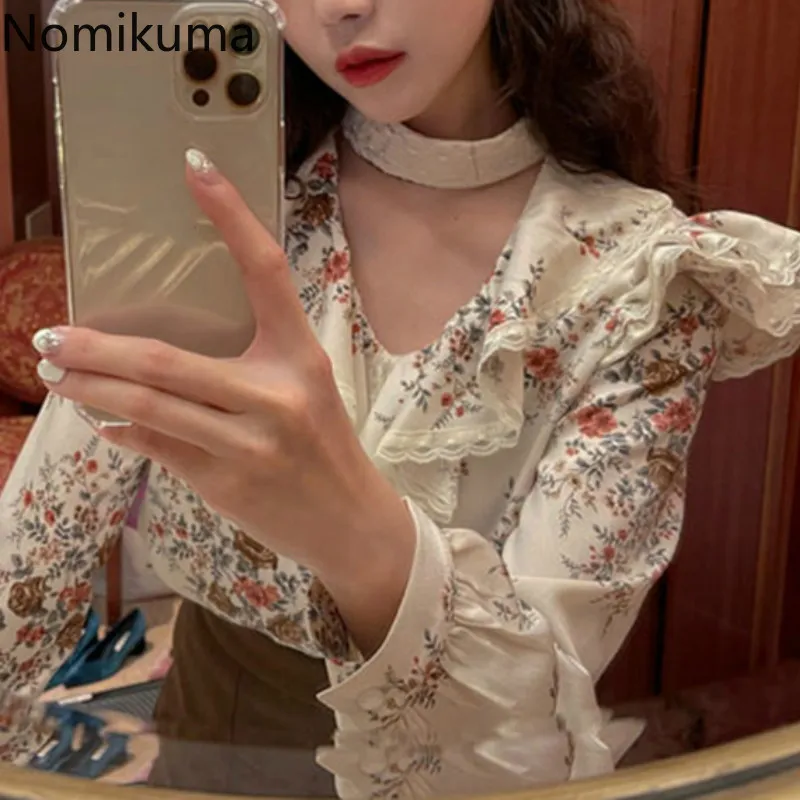 Nomikuma Blumenmuster V-Ausschnitt Langarmshirts Frauen Spitze Patchwork Koreanische Chic Vintage Bluse Blusas Mujer 3e109 210514