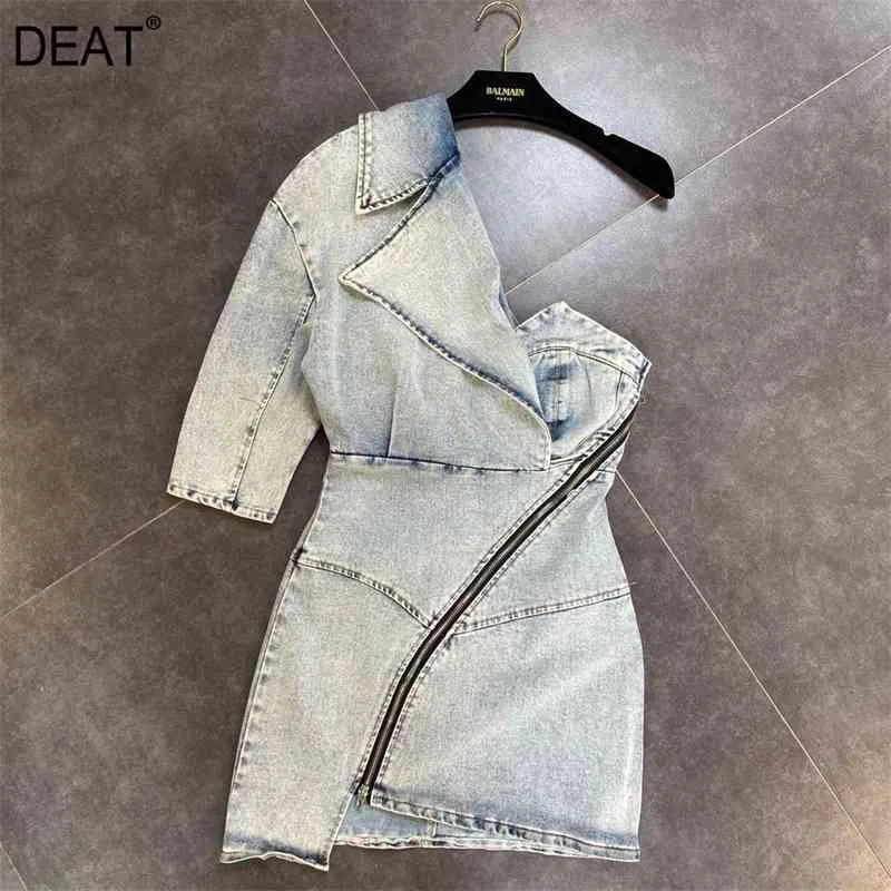 DEAT Été Automne Une Épaule À Manches Courtes Turn Down Col Bleu Clair Fermeture À Glissière Irrégulière Mini Robe Femmes MJ844 210709