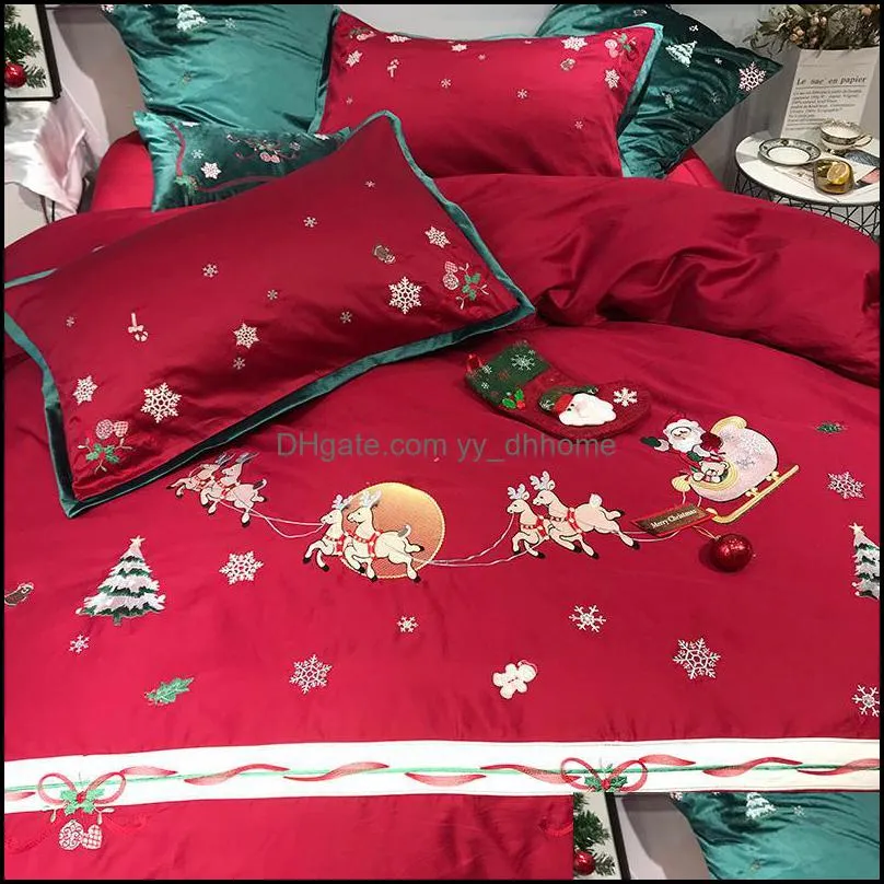 Bedding Sets High Quality Egyptian Cotton Santa Claus Embroidery Set Duvet Cover Bed Sheet Pillowcases Child Year Gifts Christmas