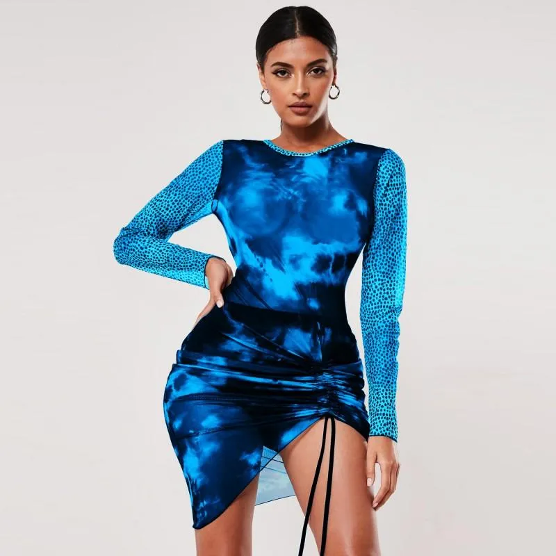 Sheer Mesh Tie Dye Ruched Bodycon Mini Dress with Long Sleeve O-Neck  Drawstring for Women Ages 18-35 from Dhgate Basic & Casual Dresses