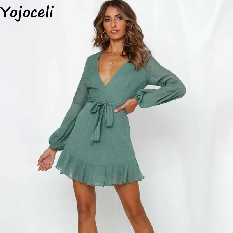 Yojoceli Casual sashes bow ruffle short dres Autumn elegant blue mini beach Elegant daily v neck party 210609