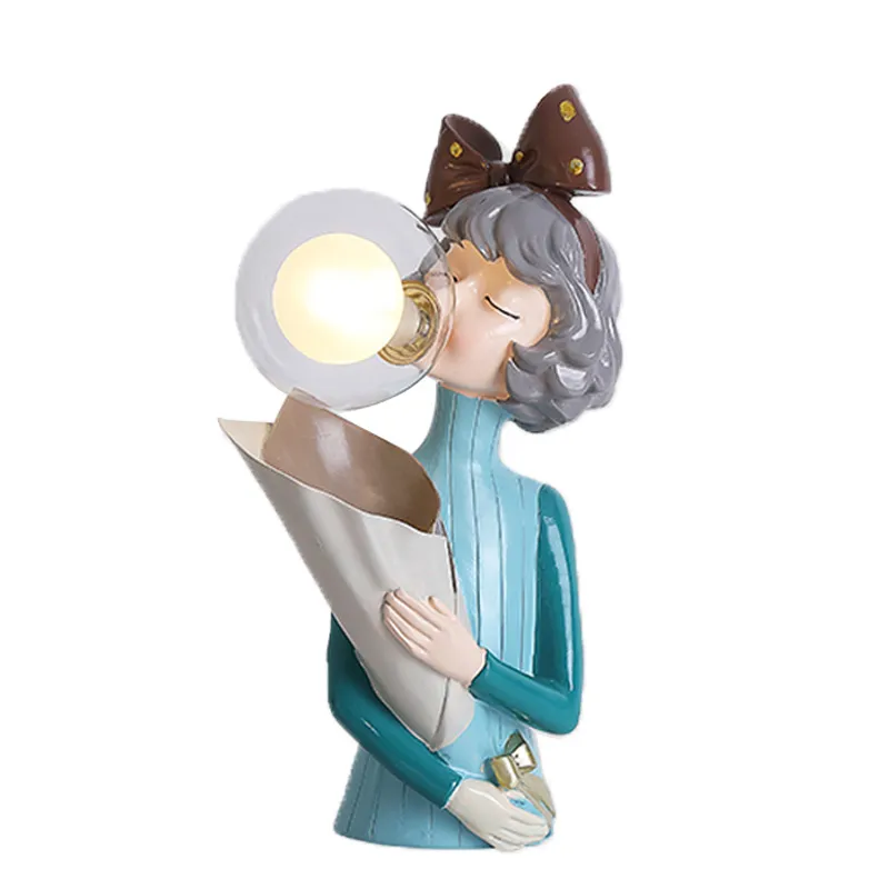 Cartoons Bouquet Girl Table Lamp Postmodern Cute Foyer Bedroom Kids Room Decoration Resin Desk Lights Home Lighting