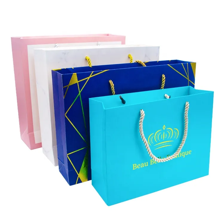 Luxury custom logo hot stamping small medium and large rope handle pink blue shopping gift paper bag for packaging clothes