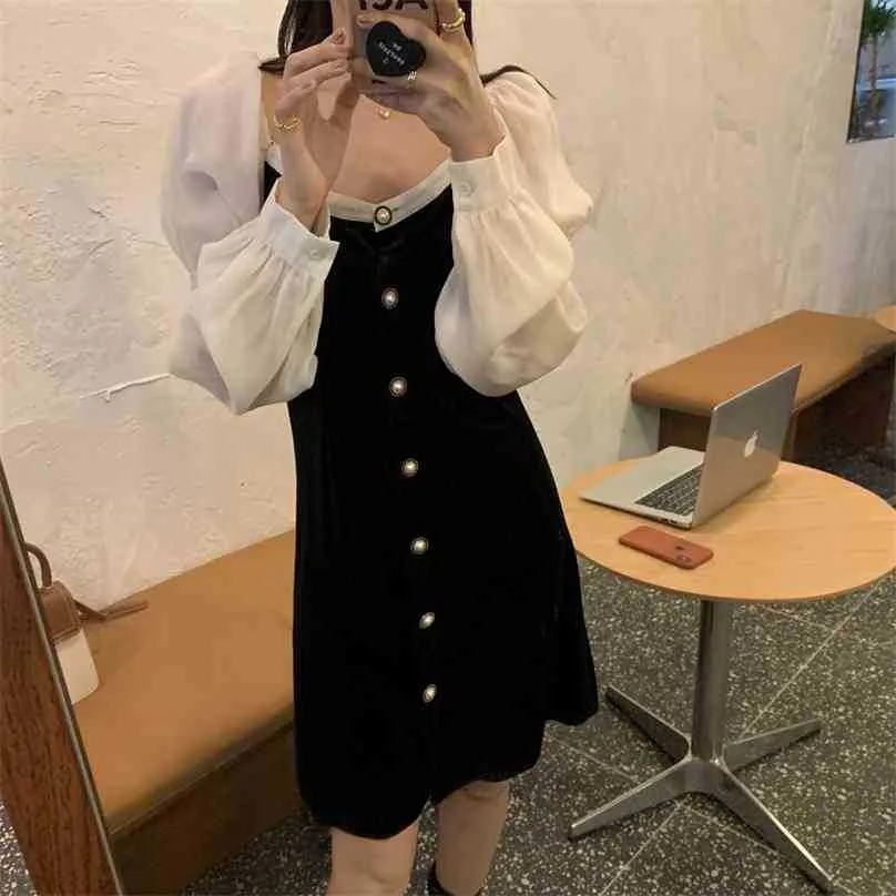 Elegant Color-Hit Chic Pearls Office Lady Streetwear Puff Sleeves Gentle Women All Match Dresses Vestidos 210525