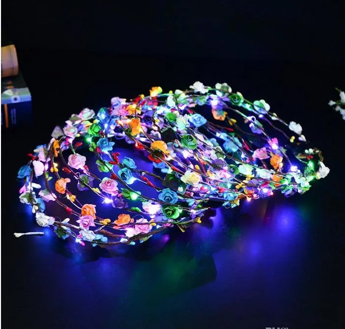 Necklace Flashing LED strings Glow Flower Crown Headbands Light Party Rave Floral Hair Garland Luminous Wreath Wedding Girl kids toys