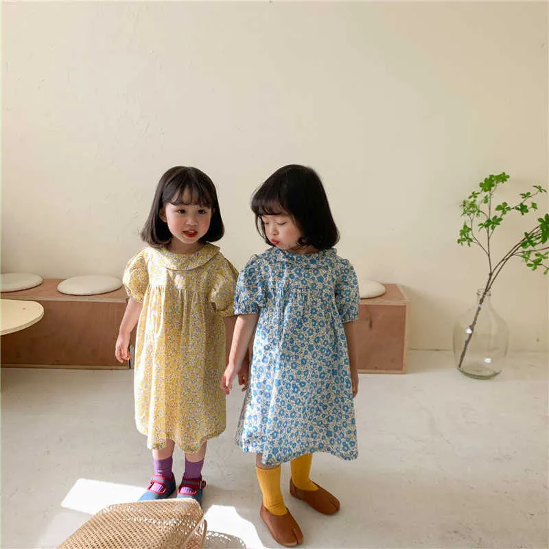 Летние цветочные повседневные платья Детские девочки отложат воротник с коротким рукавом свободные платья 2-6Y 210615