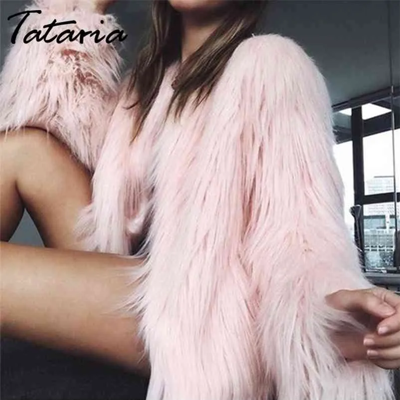 Tataria femmes fourrure fausse fourrure manteau pour l'hiver épais chaud femme à manches longues moelleux s sans col pardessus 210514