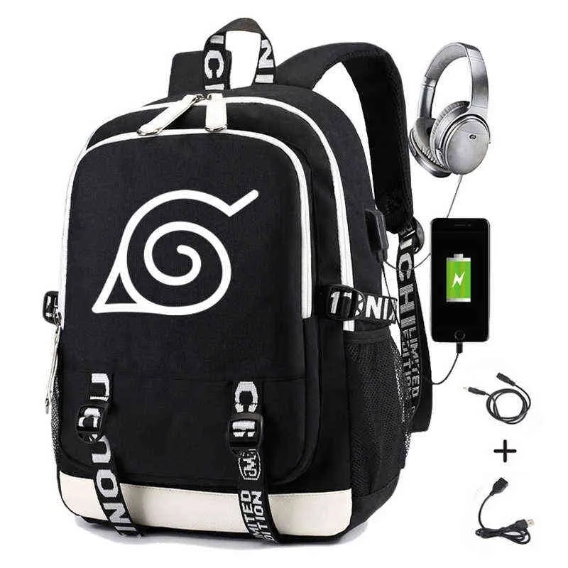 Mochila Estilo Bag Men Anime School School com USB Carregamento Impressão de Gaara Sasuke Uchiha Laptop Casual Travel S 1209